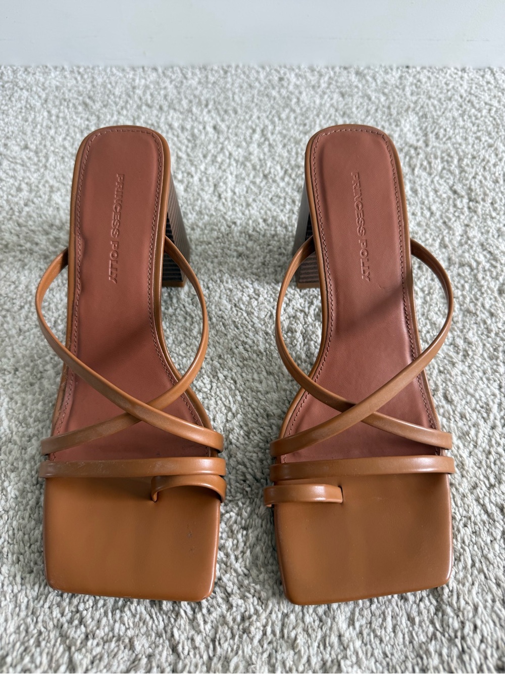 Princess Polly Cognac Strappy Square-Toe Block Heels